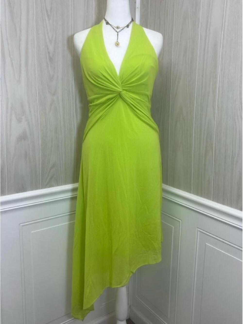 NWT Vibrant Neon Lime Green Asymmetrical Halter Dress by Laundry